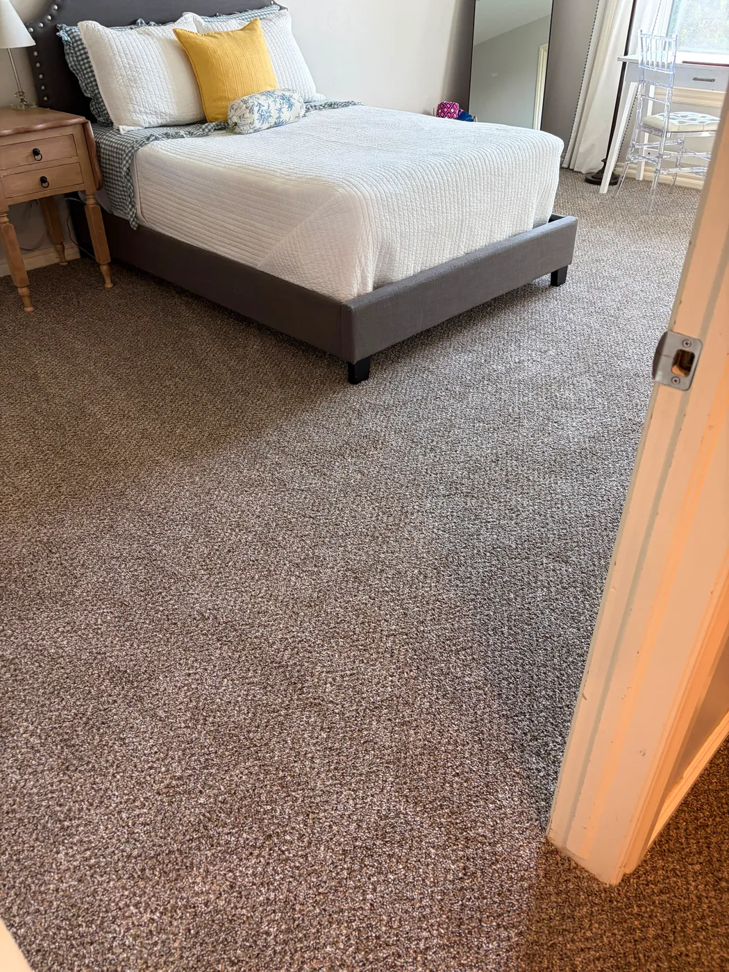 Plush new bedroom carpet installed in an Oklahoma City home