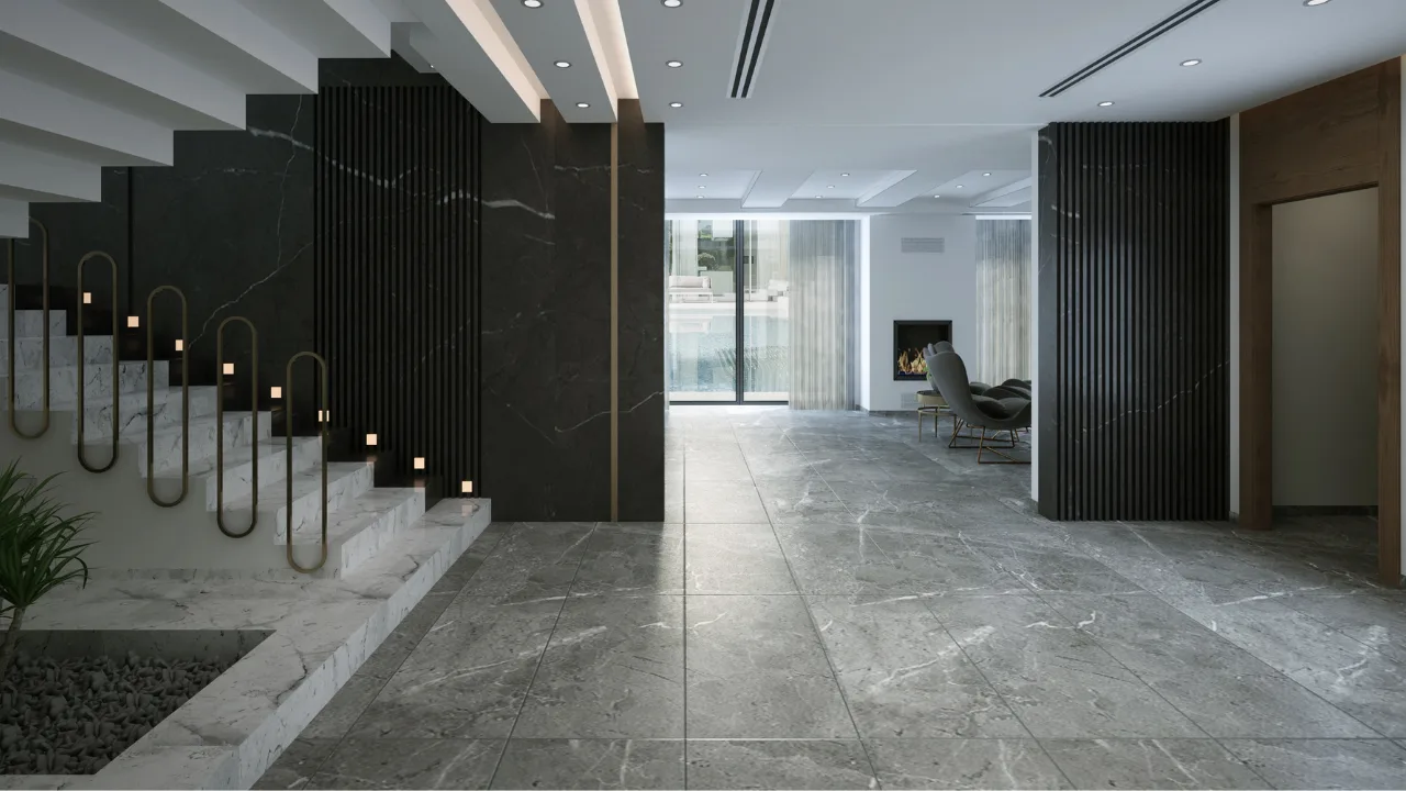 Large-format tile flooring in a luxury Oklahoma City home